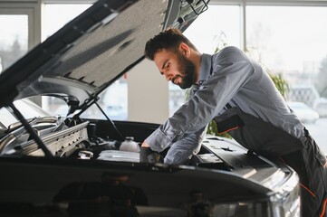 Troubleshooting process. Auto mechanic working in garage. Repair service