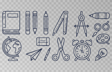 Hand-drawn school supplies icons png set on transparent background. Back to school doodle hand drawn elements, vector set. Vector illustration.