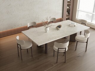 Elegant dining room interior with specious dinning space and white calacatta dining table with six chairs, marble on wall, wooden flooring. 3D Rendering
