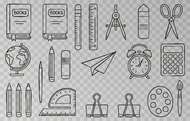 Hand-drawn school supplies icons png set on transparent background. Back to school doodle hand drawn elements, vector set. Vector illustration.