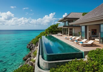 Fototapeta premium Luxury villa with infinity pool overlooking the ocean and blue sky