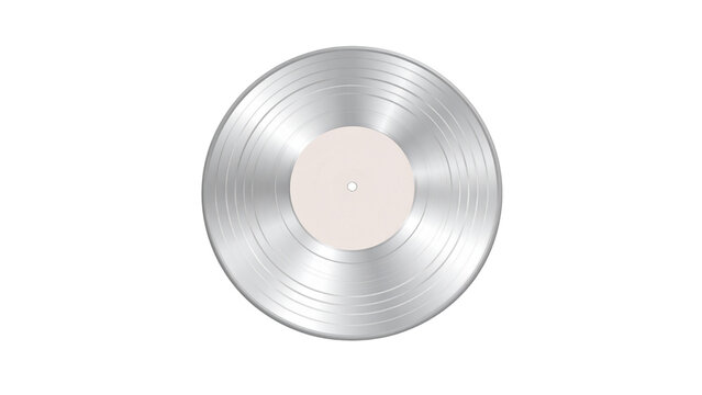 Shiny silver vinyl record reflecting light, classic music nostalgia, retro analog audio disc isolated on white background