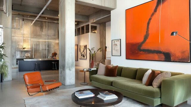 Minimalist loft living room with neutral green sectional sofa, burnt orange accents, and abstract art