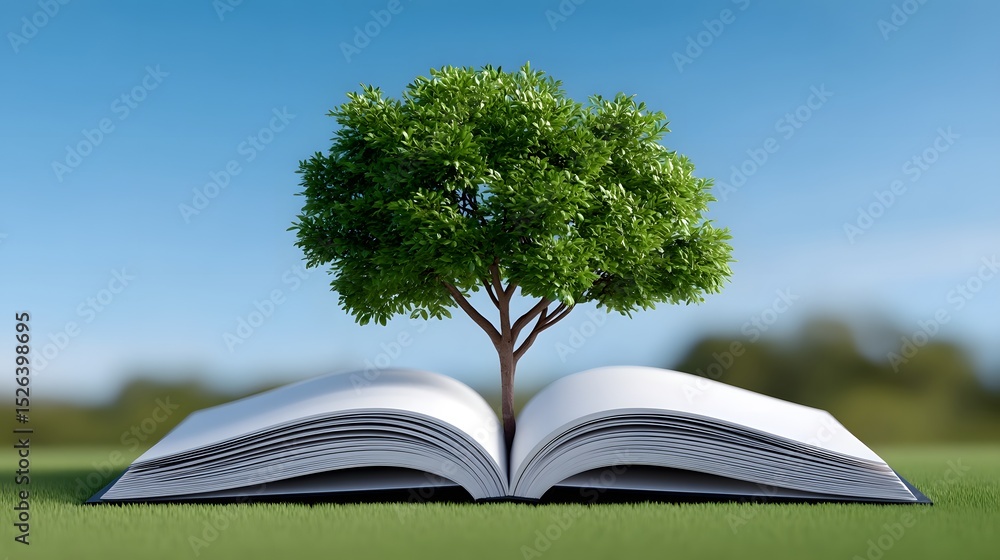 Poster a tree growing from the pages of an open book. long_title:a lush, green tree emerging from the open 