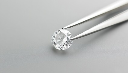 Tweezers hold diamond, grey background, jewelry appraisal