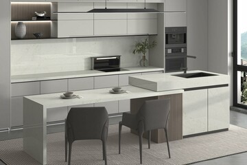 Luxury studio apartment kitchen interior, wooden flooring, white wall and window to city view, ceramic surface on countertop. 3D Rendering