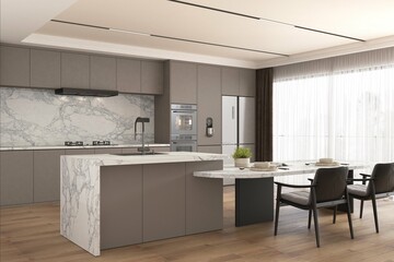 Wide view of kitchen interior with elegant decorations, white quartz on center island with waterfall pattern, refrigerator installed in furniture cupboard. 3D Illustrations. Mockup. 3D Rendering 