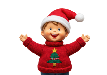 Isolated Smiling Boy in Santa Hat and Christmas Sweater Cheerful