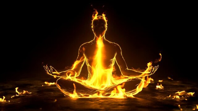 solar plexus manipura chakra fire meditation. third chakra man silhouette meditating in lotus pose with flickering inner fire. on black background