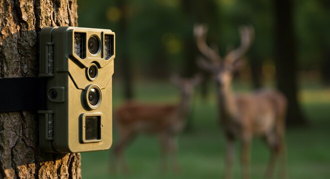 Fototapeta Camouflaged camera captures deer in forest