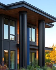 Modern home facade with dark pillars and wood siding