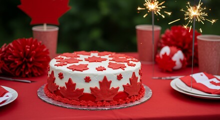 Canada Day celebration with a maple leaf cake