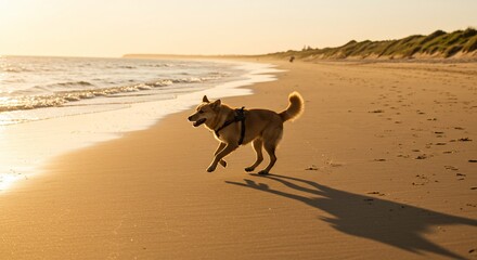 Canine joy sprints along golden shore