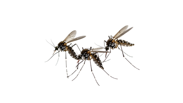 Three mosquitoes in flight, close-up of flying insects in motion, disease-carrying pests isolated on white background