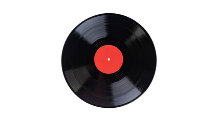 Fototapeta premium Vintage vinyl record with red label on black background, retro music nostalgia, classic analog audio disc isolated on dark backdrop