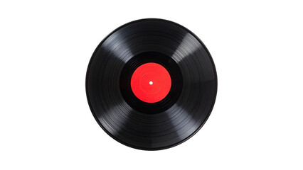 Obraz premium Vintage vinyl record with red label on black background, retro music nostalgia, classic analog audio disc isolated on dark backdrop
