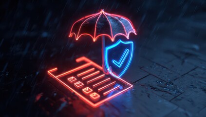 an umbrella covering a shield icon with a checklist on it, in neon light blue and red colors