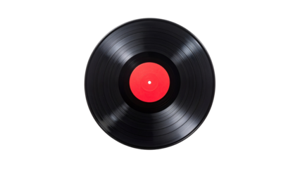 Vintage vinyl record with red label on black background, retro music nostalgia, classic analog audio disc isolated on dark backdrop