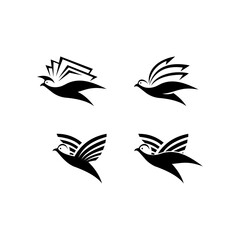 Illustration of a flying bird and an open book logo set. Symbolizes unlimited higher education and the freedom to achieve it. Black and white vector. Company logo, printing, book cover, publishing