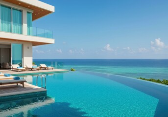Fototapeta premium Luxury villa with infinity pool overlooking the ocean on a sunny day