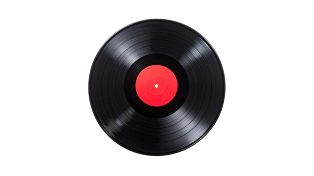 Vintage vinyl record with red label on black background, retro music nostalgia, classic analog audio disc isolated on dark backdrop