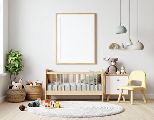 Serene nursery interior with wooden crib toys and blank frame for personalization