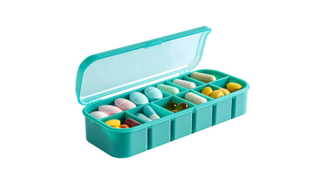 Green pill organizer with assorted pills and tablets, medication container for healthcare and treatment, daily vitamins and prescription management isolated on white background