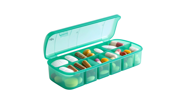 Green pill organizer with assorted pills and tablets, medication container for healthcare and treatment, daily vitamins and prescription management isolated on white background