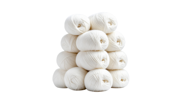 Soft fluffy white yarn balls stacked high, artisan craft materials for knitting and crochet, cozy textile fibers isolated on white background