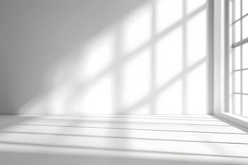 Obraz premium Abstract white studio background for product presentation. Empty room with shadows of window. Display product with blurred backdrop.