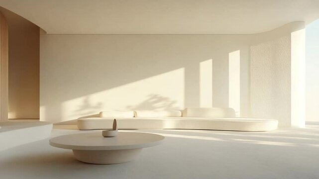 Modern home interior featuring white couch, round table, and empty wall space