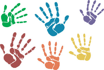 Colorful Assortment of Six Vibrant Handprints in Green, Blue, Purple, Orange, Red, and Yellow &ndash; Playful and Creative Design Featuring Detailed Fingerprints Arranged in a Pattern on White Background