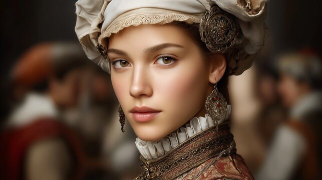 Noble Renaissance woman wearing ornate headdress, pearl earrings, standing in elaborate period dress against softened crowd backdrop, representing 16th century high society fashion