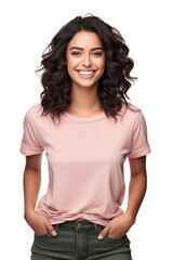 Fototapeta premium Smiling latin woman t-shirt sleeve blouse.