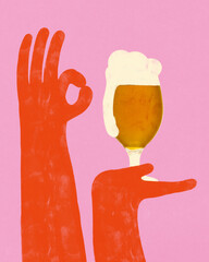 Orange cartoon hand showing okay sign and holding foamy beer glass on pink background. Funny drawing artwork. Flat folk design. Concept of good beer, fun vibe, party moment, bar celebration.