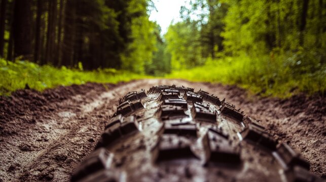 A mountain bike tire tread on trail dirt, outdoor setting with forest backdrop, Adventure style