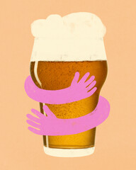 Beer glass with foam being hugged by two pink arms on peach background. Modern art design. Flat folk design. Concept of beer love, fun celebration, surreal drink mood, and playful party