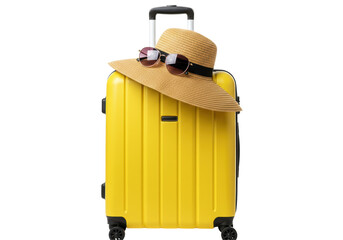 Isolated Yellow Suitcase with Straw Hat and Sunglasses