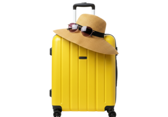 Isolated Yellow Suitcase with Straw Hat and Sunglasses