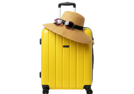 Isolated Yellow Suitcase with Straw Hat and Sunglasses - Powered by Adobe