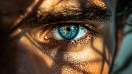 Intense close-up of bright blue eye with shadows across the face