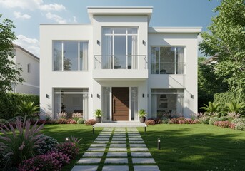 Modern white house with manicured lawn and stone walkway leading to front door