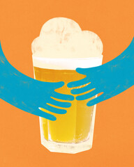 Blue cartoon hands gently hugging beer glass with foam on bright orange background. Modern art...