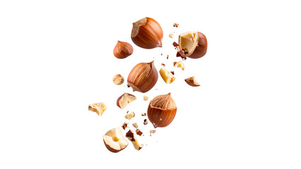 Crushed hazelnuts captured in mid-air explosion, dynamic motion of nut pieces and dust particles, healthy snack ingredient with natural texture isolated on transparent background