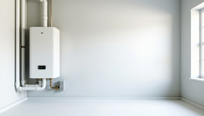 Modern boiler installation in minimalist interior with clean lines and ambient lighting, perfect for energy-efficient home design with copy space