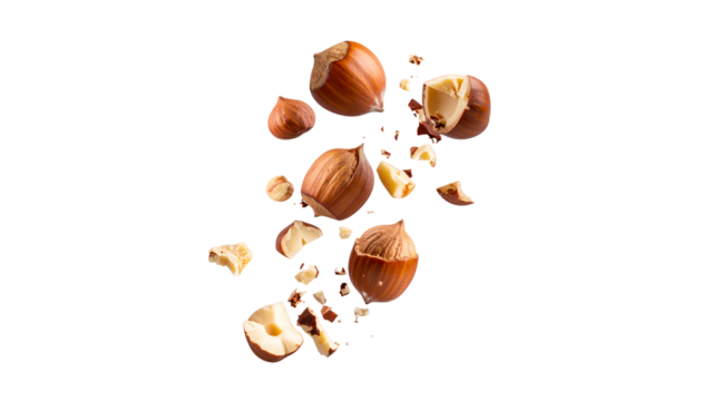 Crushed hazelnuts captured in mid-air explosion, dynamic motion of nut pieces and dust particles, healthy snack ingredient with natural texture isolated on transparent background