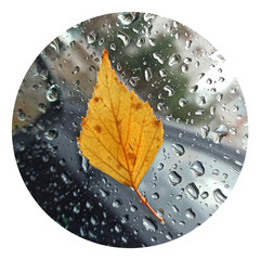 Autumn leaf on glass photo in circle. Photos for postcards and infographics.