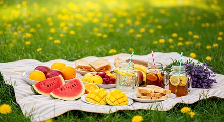 Summer Picnic: Colorful Food and Drinks on a Sunny Field