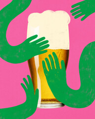 Green cartoon hands reaching around large foamy beer glass on pink background. Modern art design....