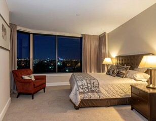 Modern bedroom with city night view